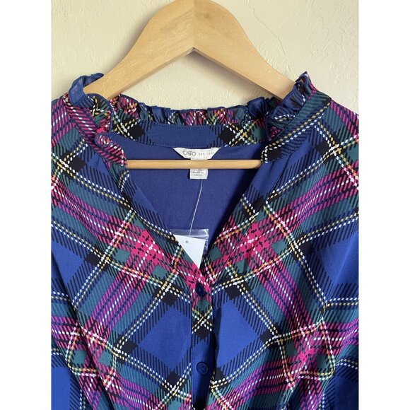 New! CATO Size Xl Blue Pink Berry Plaid Ruffle Neck Tie Waist Sheer Long Sleeve - Picture 5 of 8